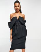 Asos Design Off Shoulder Draped Bandeau Midi Dress With Self Buckle Belt In Black