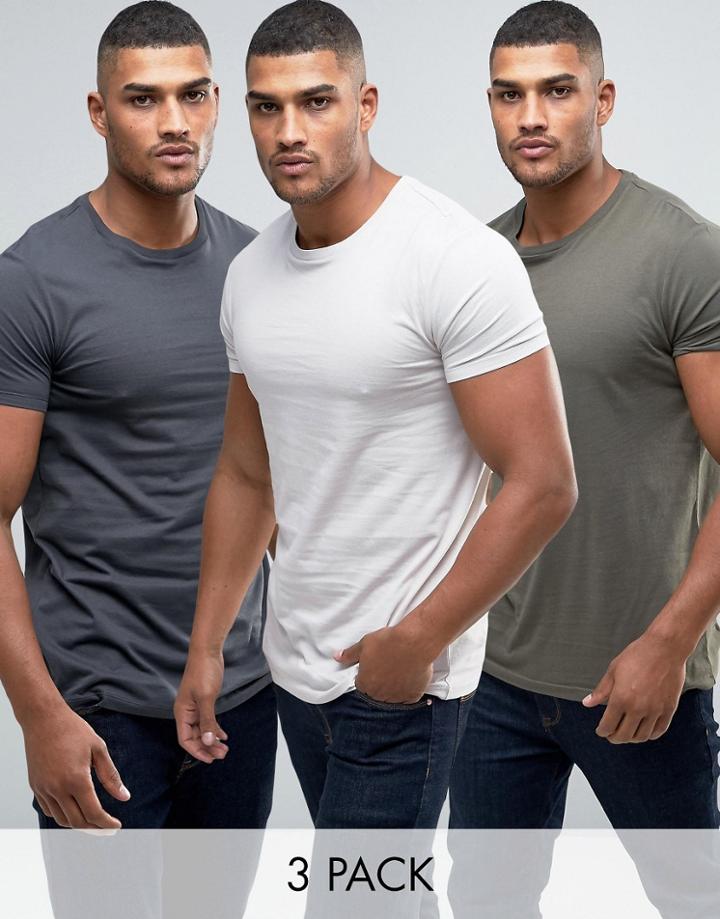 Asos 3 Pack Longline T-shirt In Washed Black/off White/green - Multi
