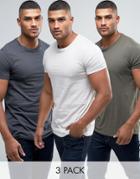 Asos 3 Pack Longline T-shirt In Washed Black/off White/green - Multi