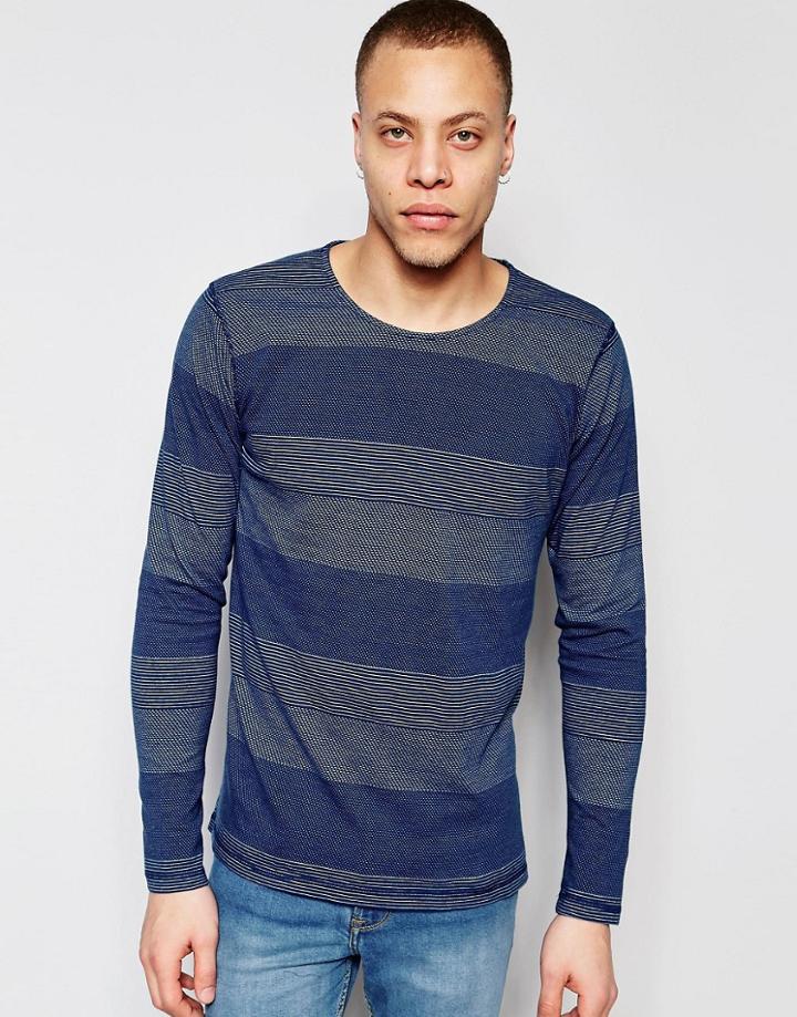 Nudie Long Sleeve Top Orvar Indigo Jaquard Mix Block Stripe In Indigo - Indigo