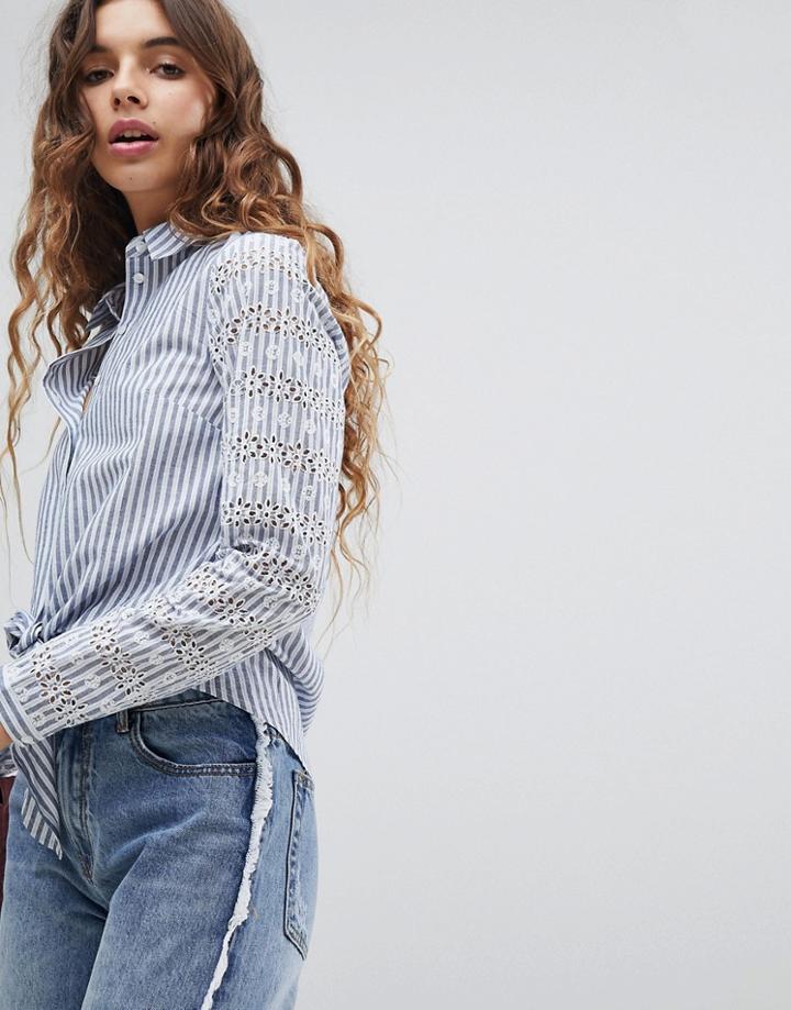 Miss Selfridge Stripe Broidery Tie Front Shirt - Multi