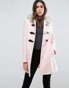 Asos Duffle Coat With Faux Fur Hood - Pink