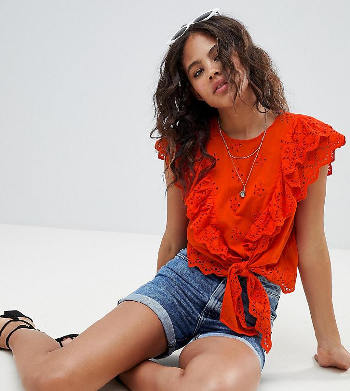 Asos Design Tall Broderie Tee With Frill Sleeve And Tie Front - Red