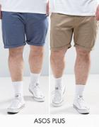 Asos Plus 2 Pack Slim Chino Shorts In Stone & Blue Save - Multi