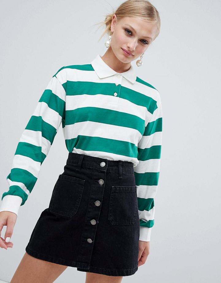 Monki Cropped Stripe Rugby Shirt - White