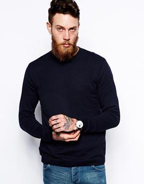 Asos Crew Neck Sweater In Cotton - Navy