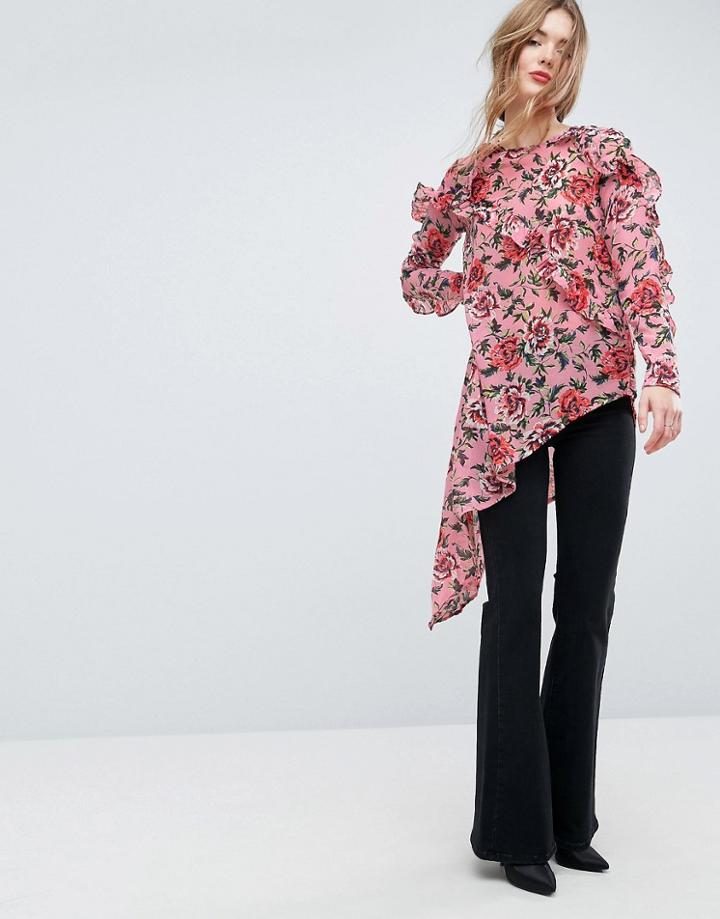 Asos Ultimate Asymmetric Ruffle Blouse In Floral - Multi