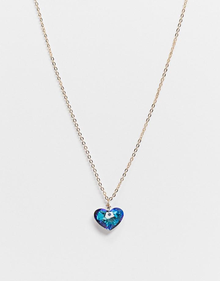 Asos Design Necklace With Blue Jewel Heart In Gold Tone