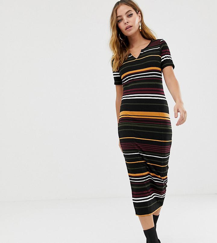 Asos Design Petite Stripe Rib Midi Bodycon Dress With V Neck - Multi