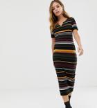 Asos Design Petite Stripe Rib Midi Bodycon Dress With V Neck - Multi