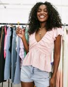 Asos Design Sheer Gingham Top With V-neck & Peplum Hem In Blush-pink