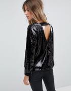 Boohoo Long Sleeve Sequin Open Back Top In Black - Black