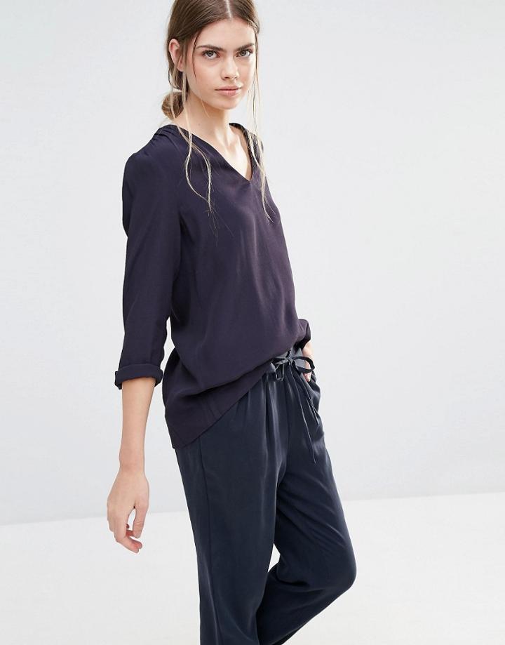 See U Soon V Front Blouse With Dip Hem - Navy