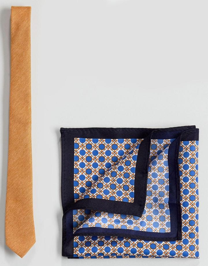 Asos Gold Textured Tie And Geo Print Pocket Square - Multi
