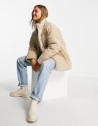 Asos Design Faux Leather Patched Fleece Puffer Jacket In Stone-pink