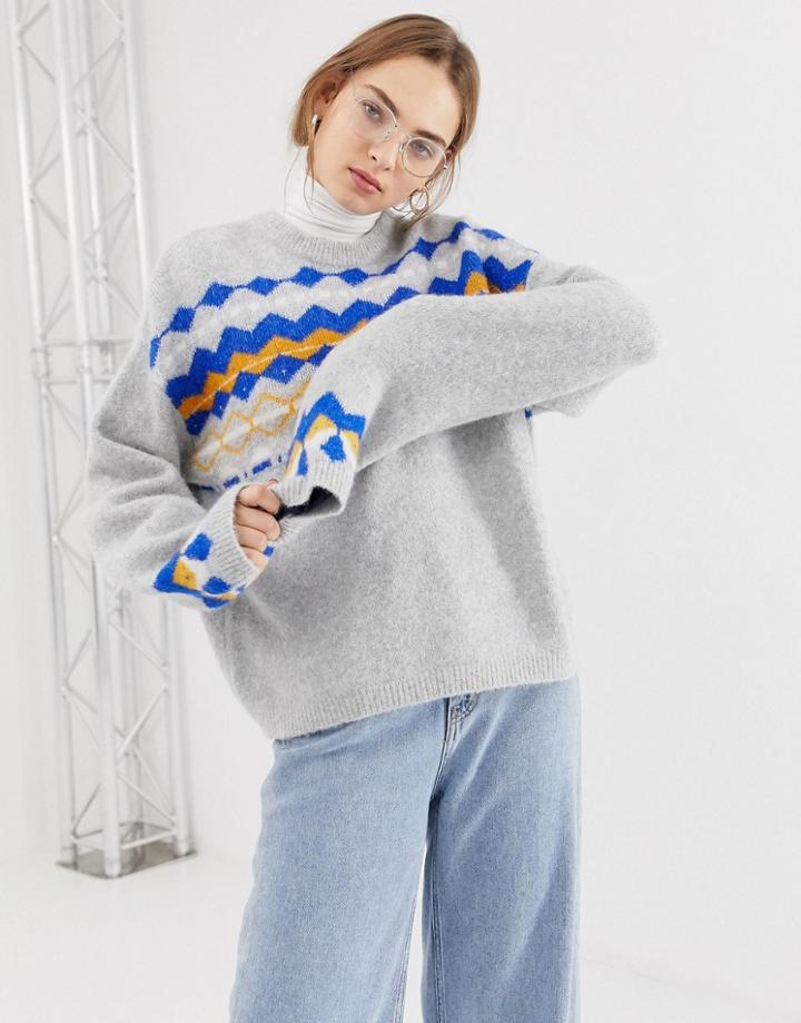 Weekday Fluffy Sweater With Check Print In Gray - Multi