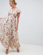 Asos Design Pleated Ruffle Maxi Dress With Cut Out In Floral Print - Multi