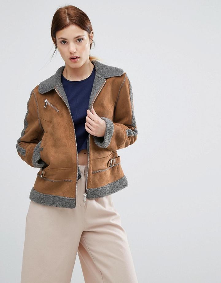 Urbancode Contrast Faux Shearling Jacket - Brown