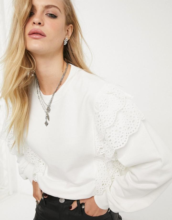 Bershka Sweat Top With Broderie Frill Detail In White