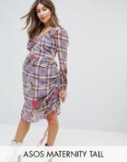 Asos Maternity Tall Floral And Check Midi Dress With Tie Side Channelling Detail - Multi