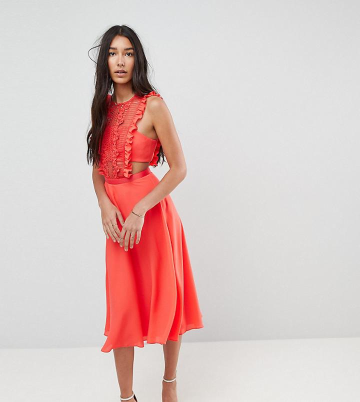 Asos Tall Lace Pinafore Pleated Midi Dress - Red