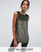 Asos Tall Sequin Longline Sleeveless Top With Rib Neck - Green