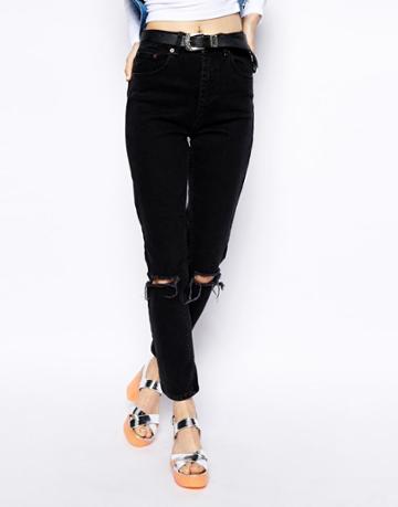 Asos Slim Mom Jeans In Washed Black With Busted And Ripped Knees