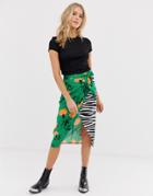 Influence Wrap Midi Skirt With Belted Waist In Mixed Floral Zebra Print - Multi