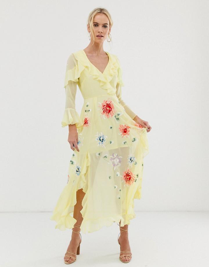 Asos Design Embroidered Wrap Maxi Dress - Yellow