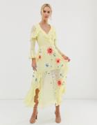 Asos Design Embroidered Wrap Maxi Dress - Yellow