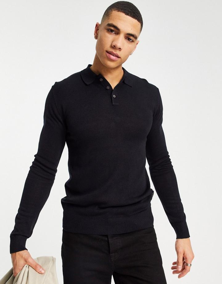 French Connection Formal Viscose Long Sleeve Polo Shirt In Navy