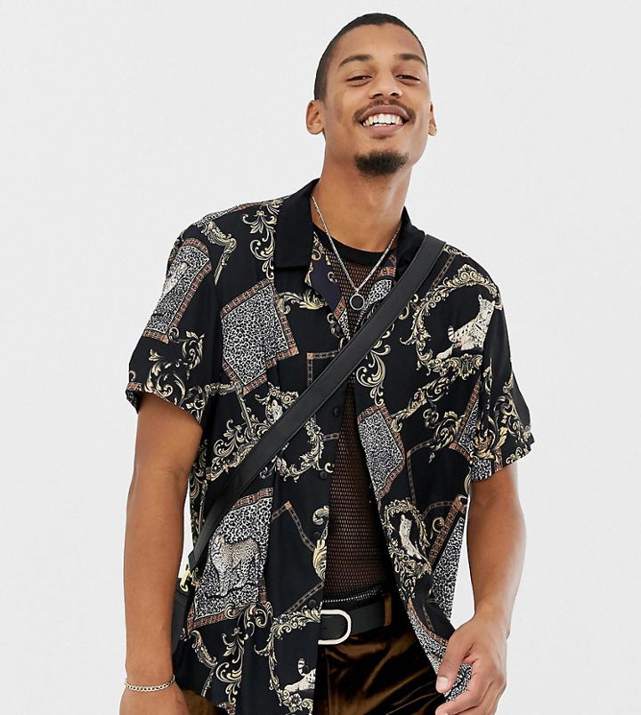 Milk It Vintage Revere Shirt With Baroque Leopard Print Reg Fit - Black