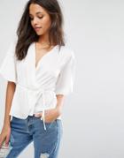 Missguided Satin Tie Front Blouse - White