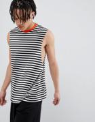Asos Design Stripe Sleeveless T-shirt In Navy With Orange Contrast Neck