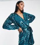 In The Style Tall Exclusive Sequin Wrap Detail Belted Romper In Blue