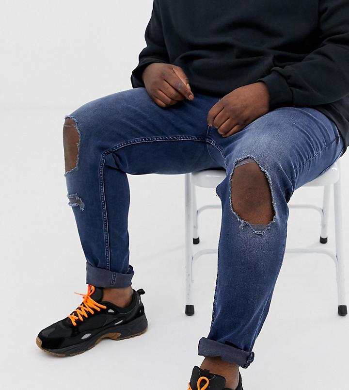 Asos Design Plus Skinny Jeans In Overdyed Blue With Open Rips - Blue