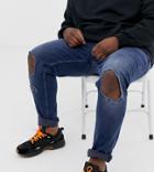 Asos Design Plus Skinny Jeans In Overdyed Blue With Open Rips - Blue