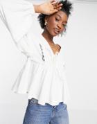 Asos Design Smock Top With V Neck And Lace Trim Detail In White