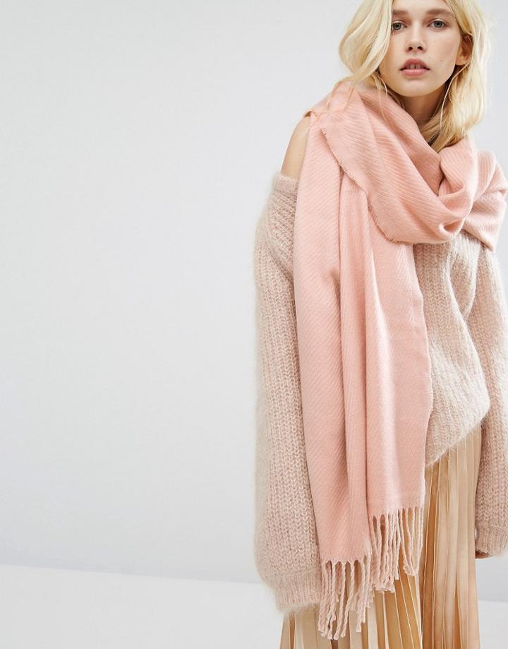 Pieces Woven Herringbone Scarf With Tassels In Rose - Pink