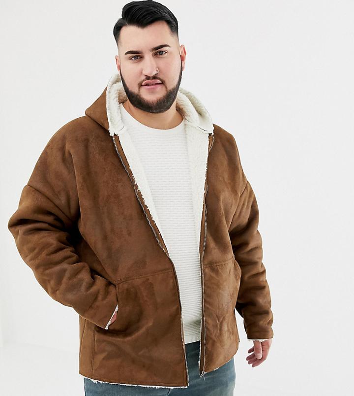 Asos Design Plus Reversible Faux Shearling Jacket With Hood In Tan