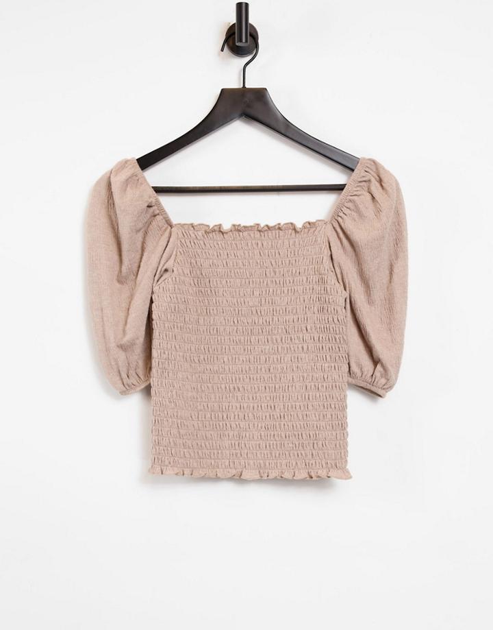 Only Shirred Top With Puff Sleeve In Beige-neutral