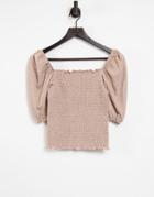 Only Shirred Top With Puff Sleeve In Beige-neutral
