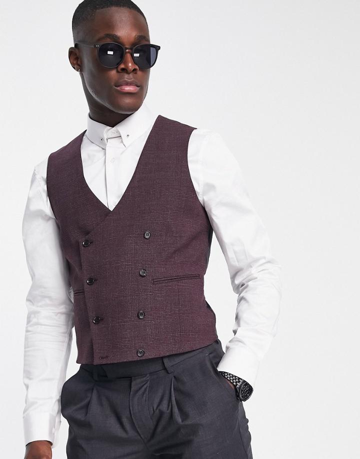 Noak Skinny Suit Vest In Burgundy Glen Check Worsted Wool Blend-red