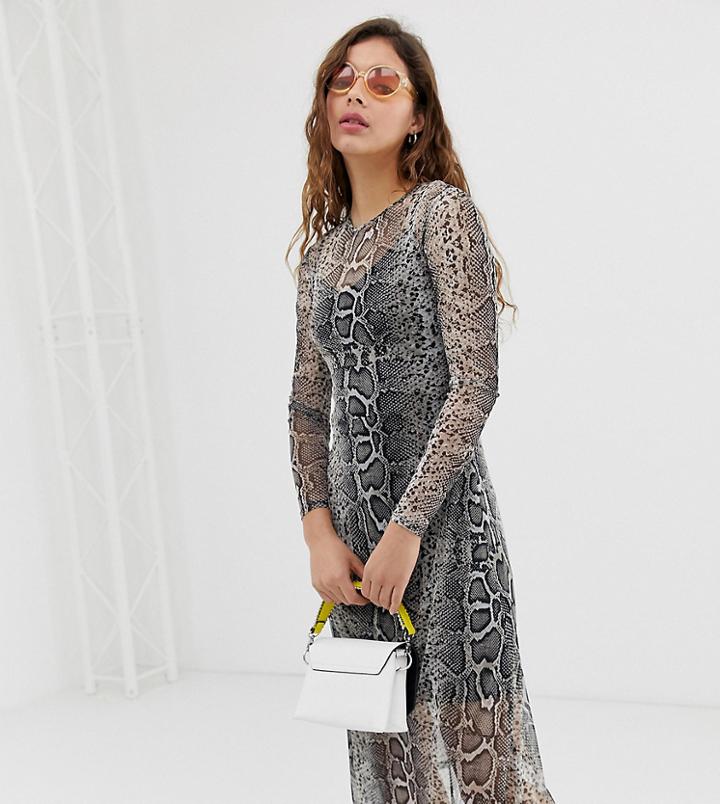 New Look Mesh Midi Dress In Animal Print-gray