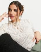 Miss Selfridge Short Sleeve Prairie Knit Sweater In Ivory-white