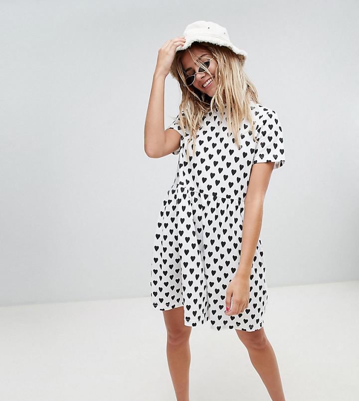 Daisy Street Smock Dress In Heart Polka Dot - White