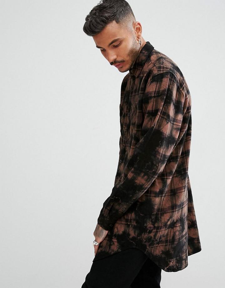 Asos Oversized Super Longline Check Shirt With Black Tie Dye - Black