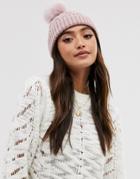 Asos Design Cable Faux Fur Pom Beanie In Recycled Polyester In Pink