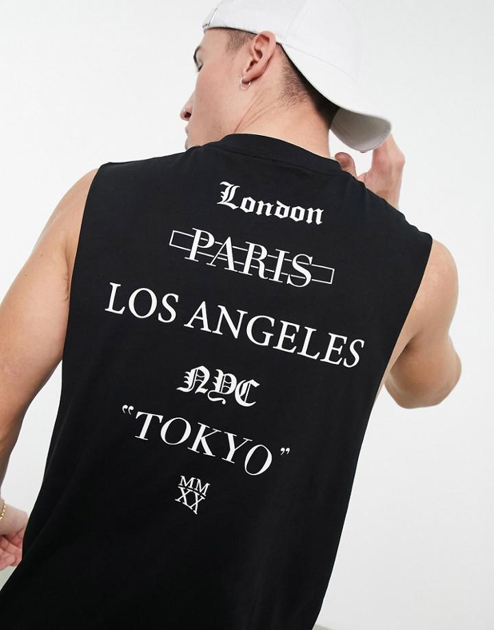 Asos Design Relaxed Tank Top In Black With City Prints