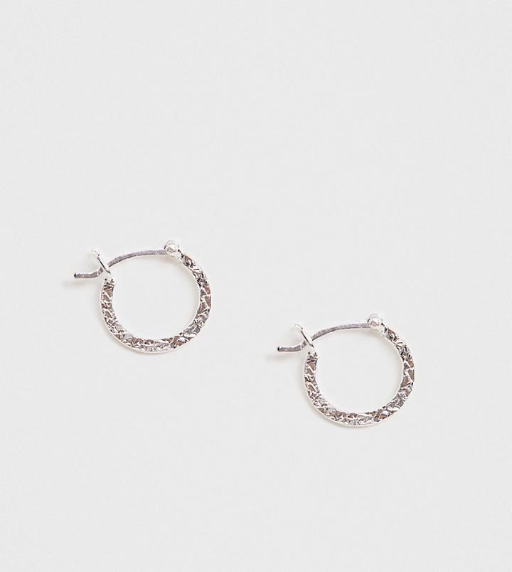 Asos Design Sterling Silver Hoop Earrings In Hammered Metal - Silver